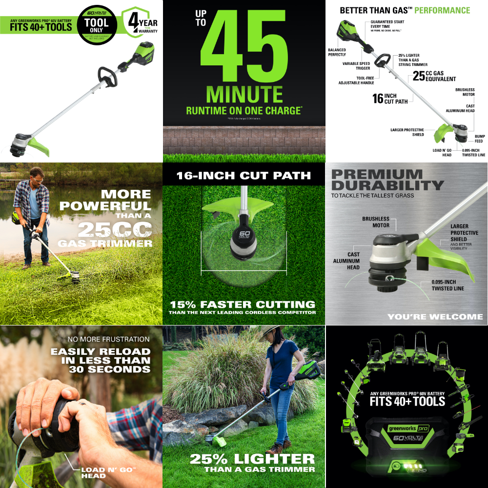 Greenworks PRO 16 in. 60-Volt Battery Cordless String Trimmer, Battery